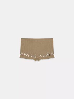 Zara Embellished Ribbed Knit Shorts Taupe Beige Sequin Detail NWT